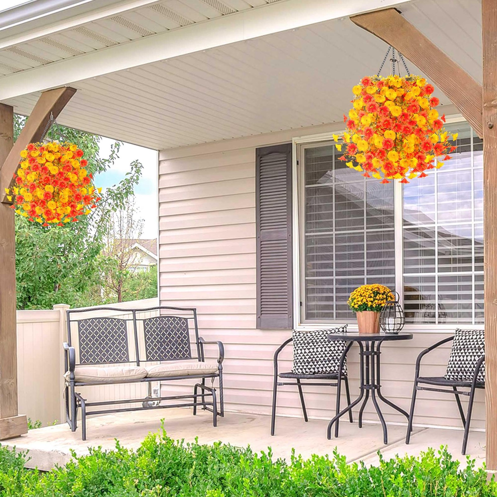 2PCS Artificial Hanging Flowers Outdoors fake mums Plants Garden Home Decorat…