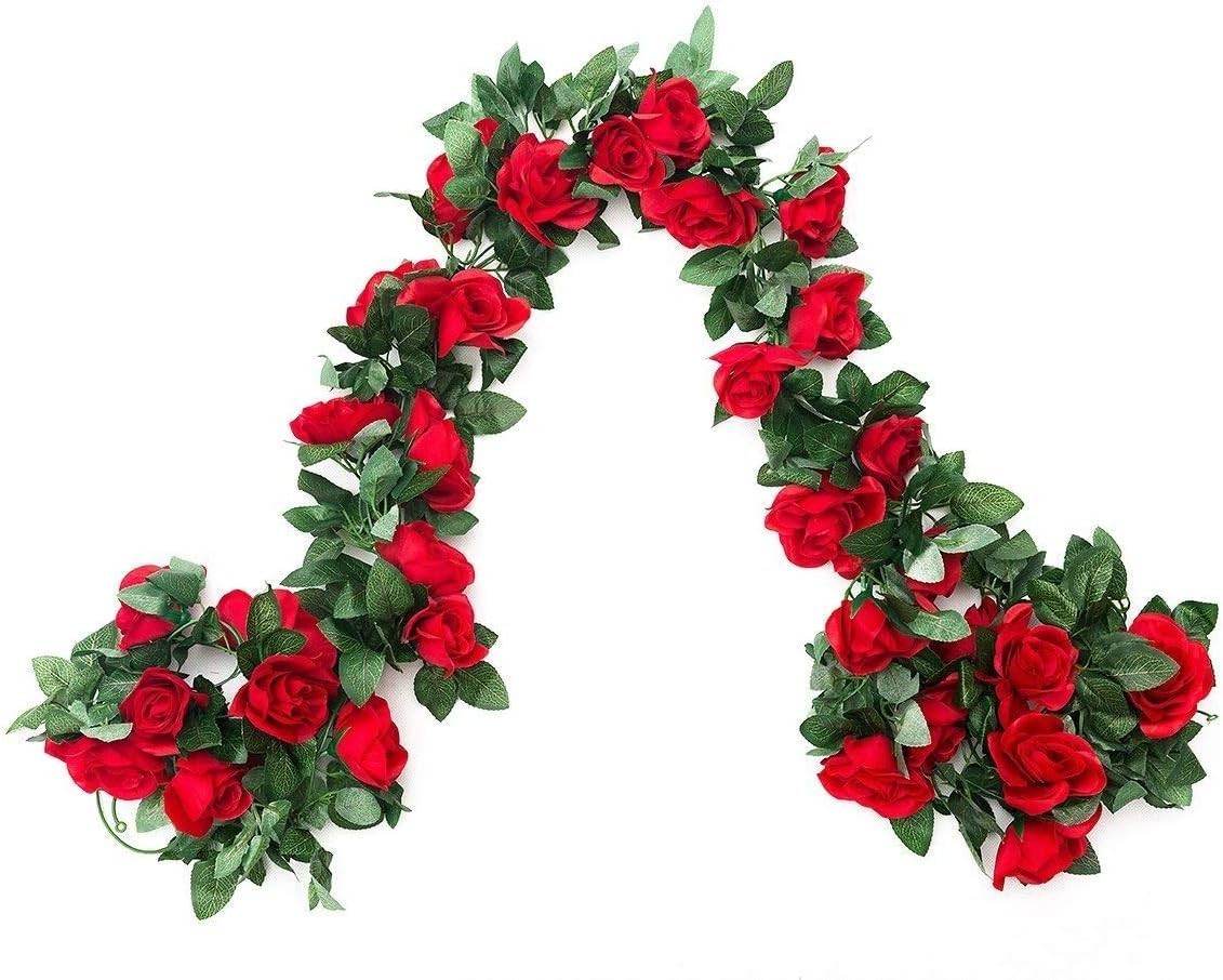 SWSTINLING 2 Pack 16FT Artificial Rose Garland Vine Silk Fake Red Rose Flowe…