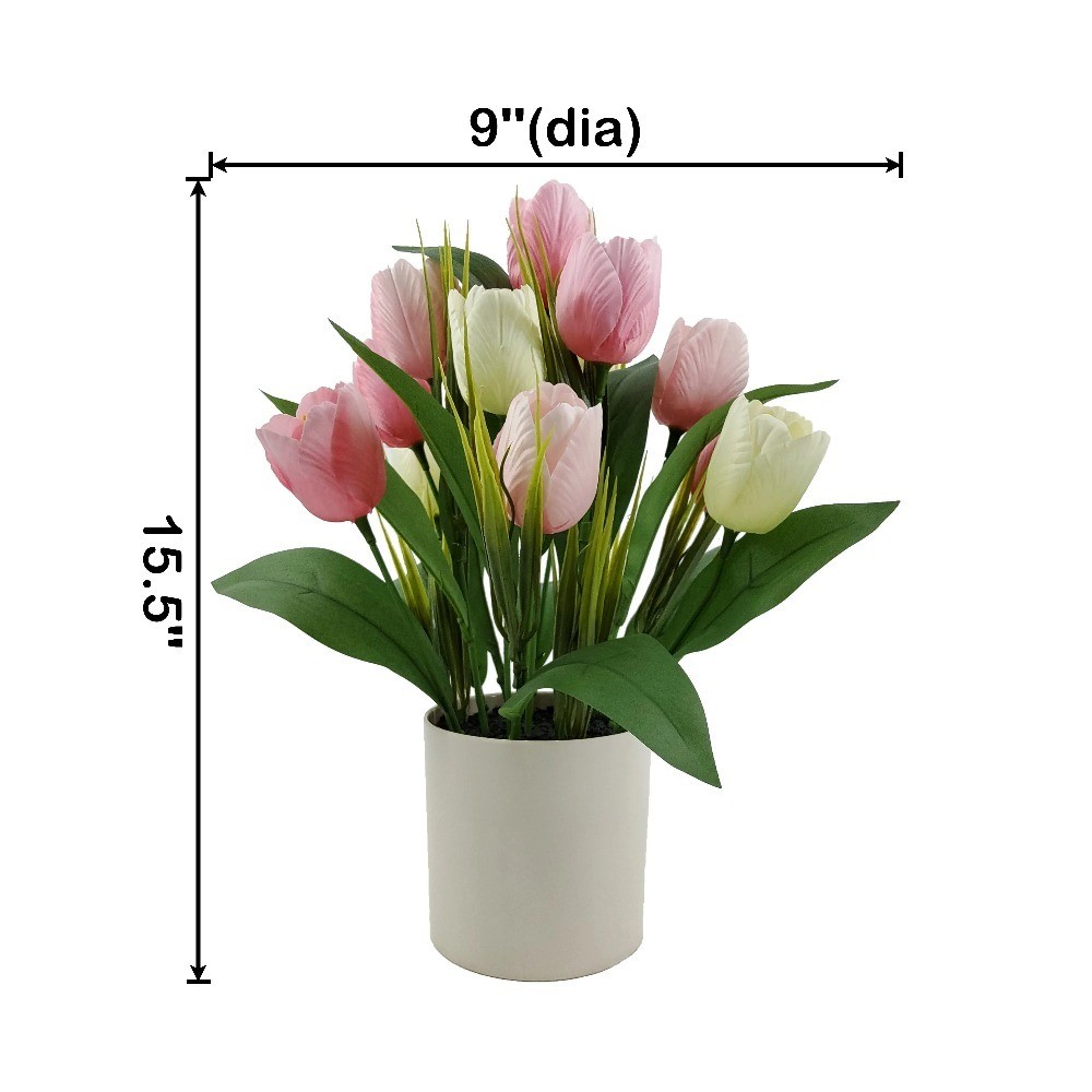 Indoor Artificial Pink Polyester Tulip Flower in Plastic Pot 15.5 Inch