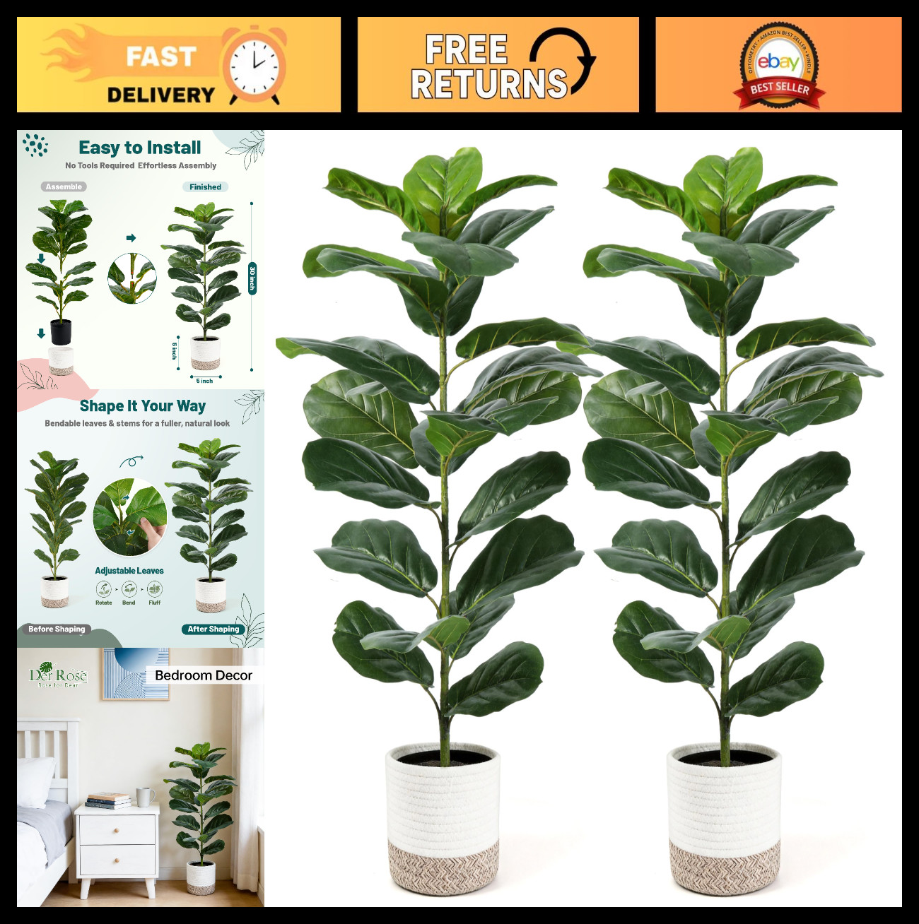 30″ Artificial Fiddle Leaf Fig Tree – 2 Pack, Realistic Indoor/Outdoor Fake Plan