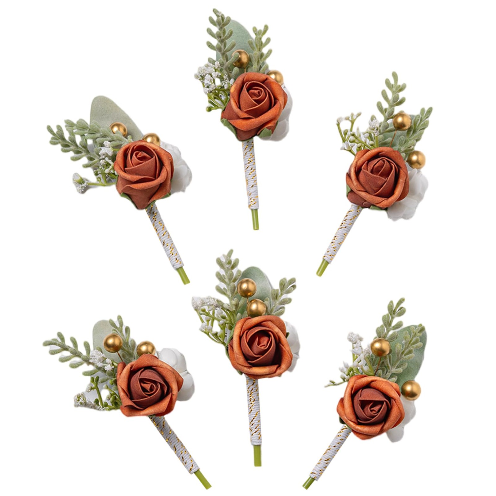 Burnt Orange Boutonniere Men Wedding Groom Prom Ceremony Anniversary 6 PCS
