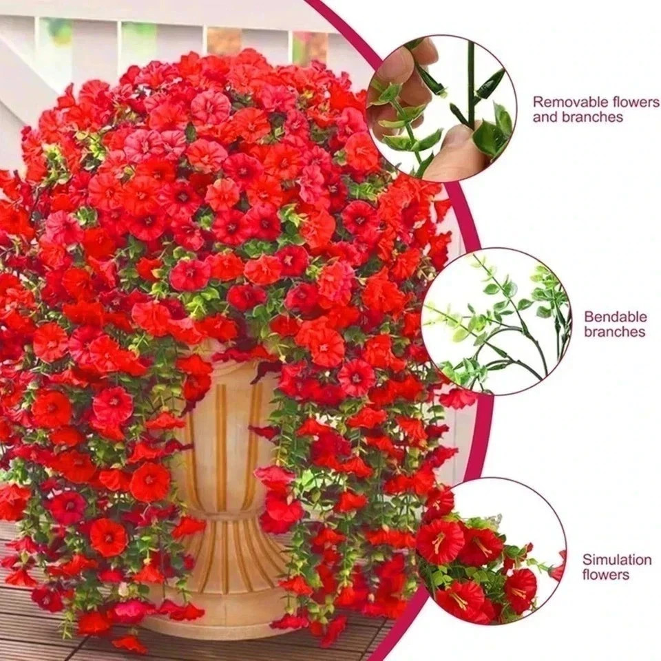 UV Resistant Faux Silk Morning Glory Hanging Flowers for Outdoor Decor 2 Pc Red
