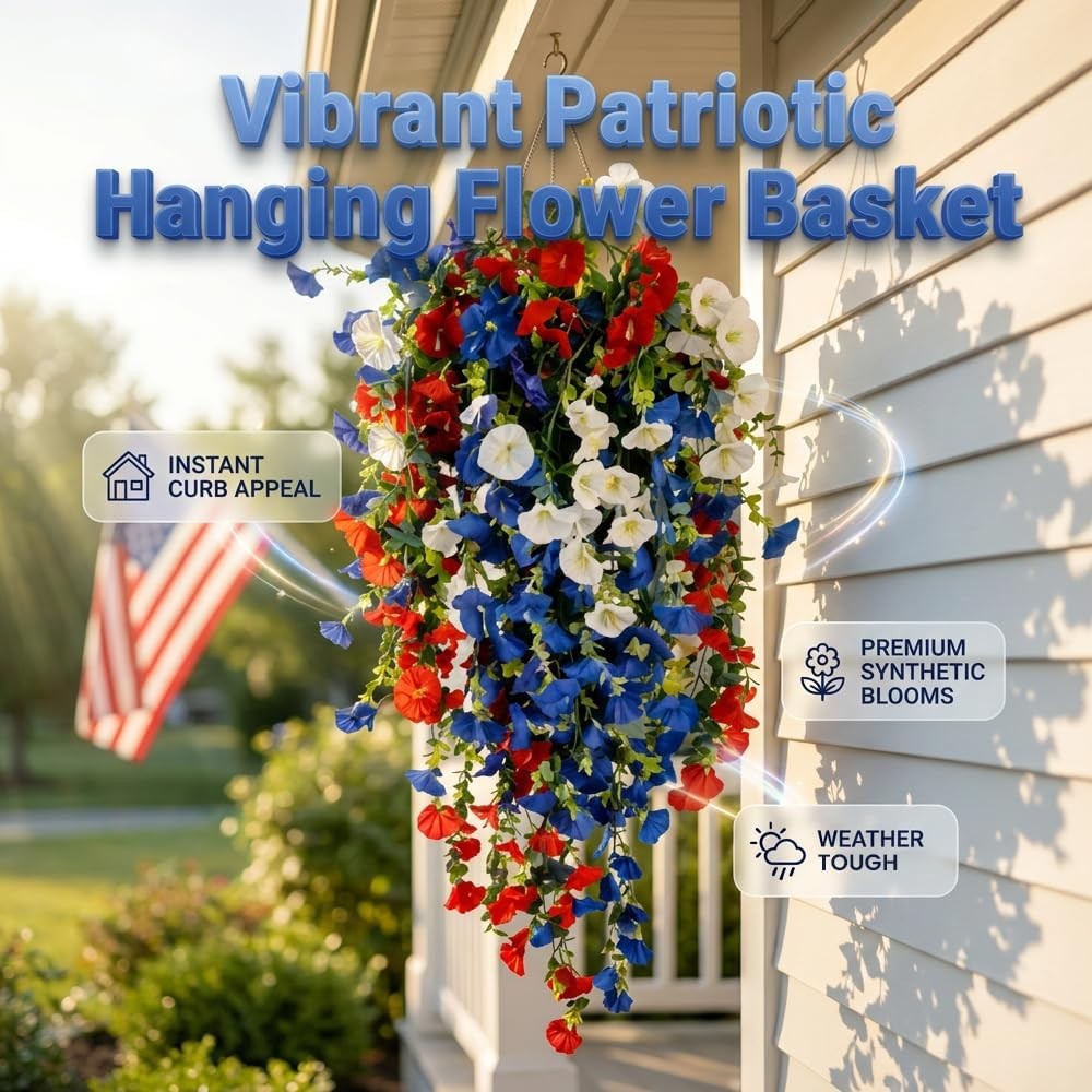 2026 Red White Blue Hanging Flowers Patriotic Faux Basket 4th July Porch Decor