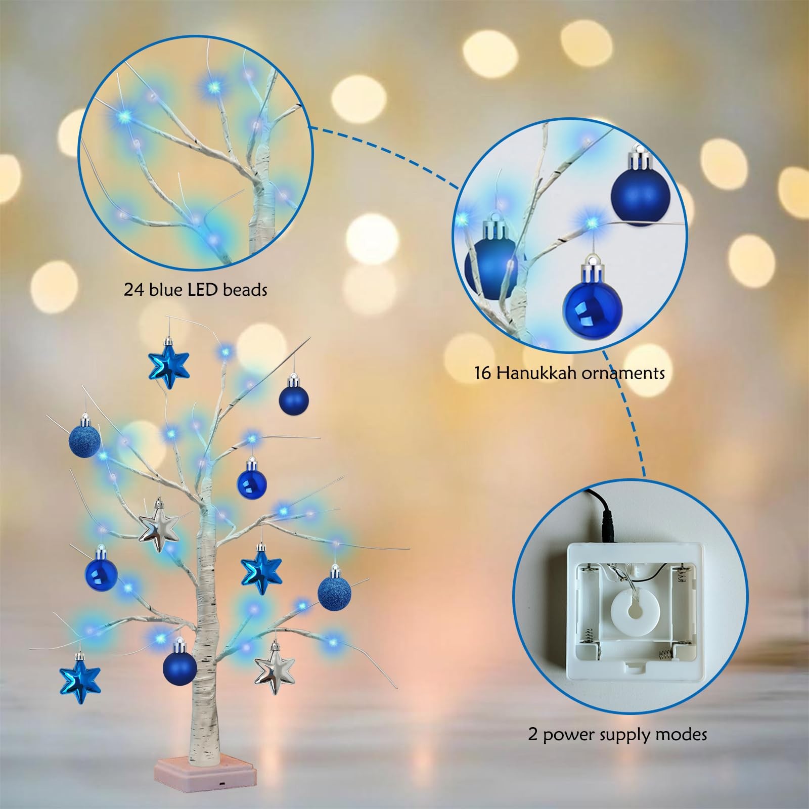 24 Inch Hanukkah LED Menorah Tree Lights, 24 Blue Star Lights, USB/Battery Op…