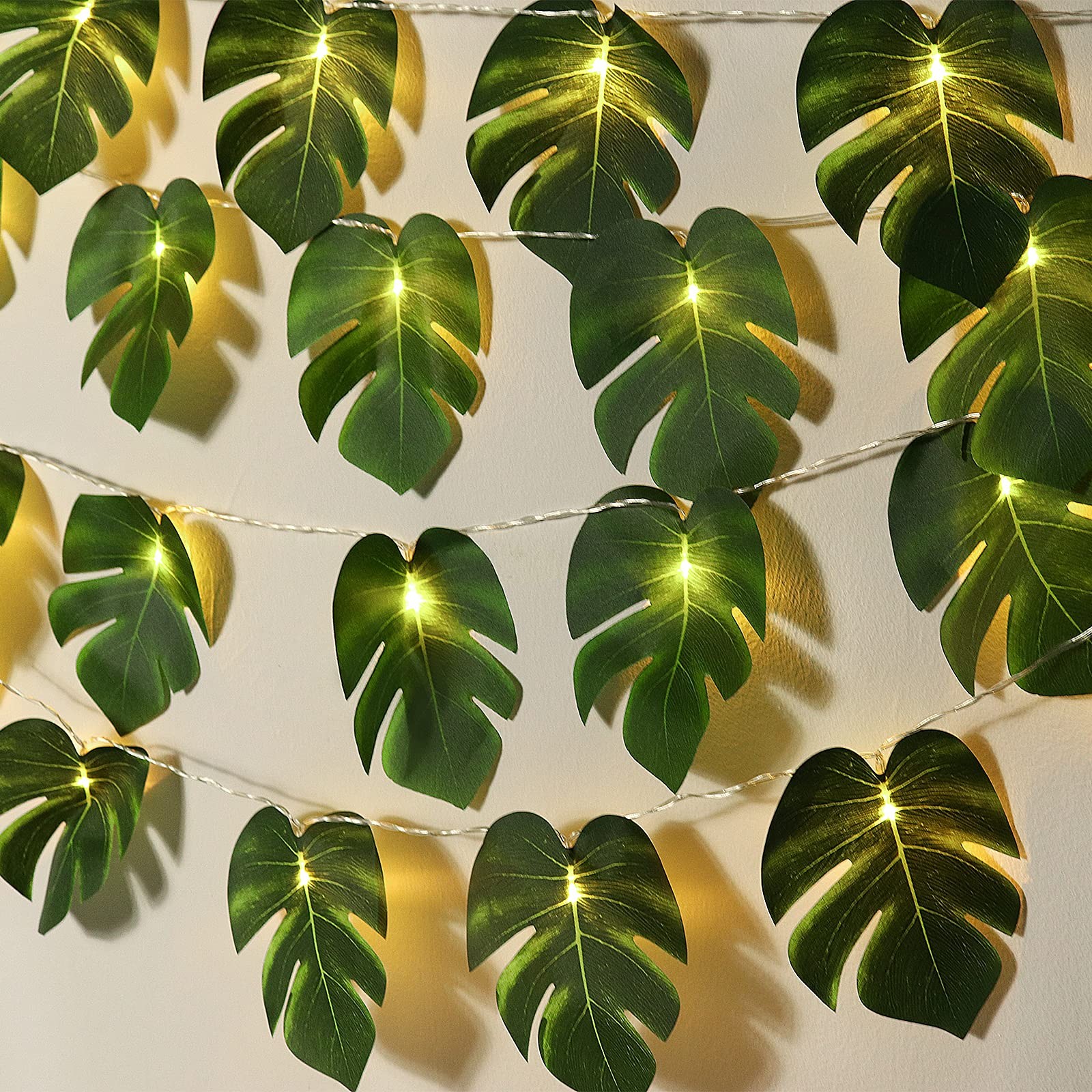 RECUTMS Monstera Leaf String Lights 2 Pack, 20LED Tropical Artificial Rattan