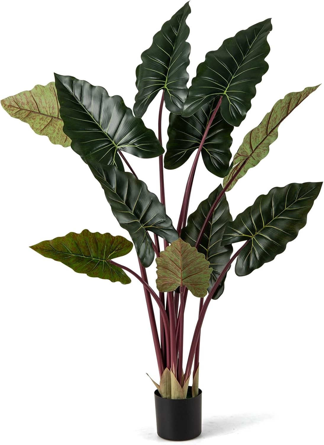 Artificial Rainbow Taro Tree, 63″ Tall Fake Pre-Potted Plant w/ 11 Faux Leaves,