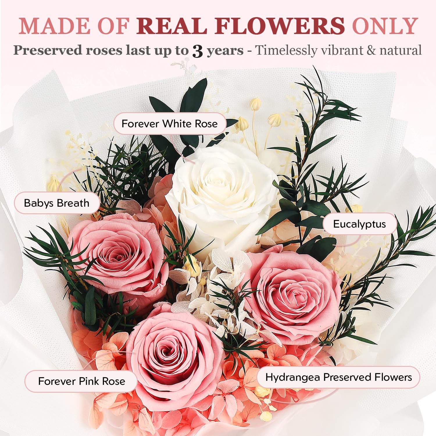 Preserved Flowers Bouquet Pink Rose Gift For Her Mom Grandma Anniversary