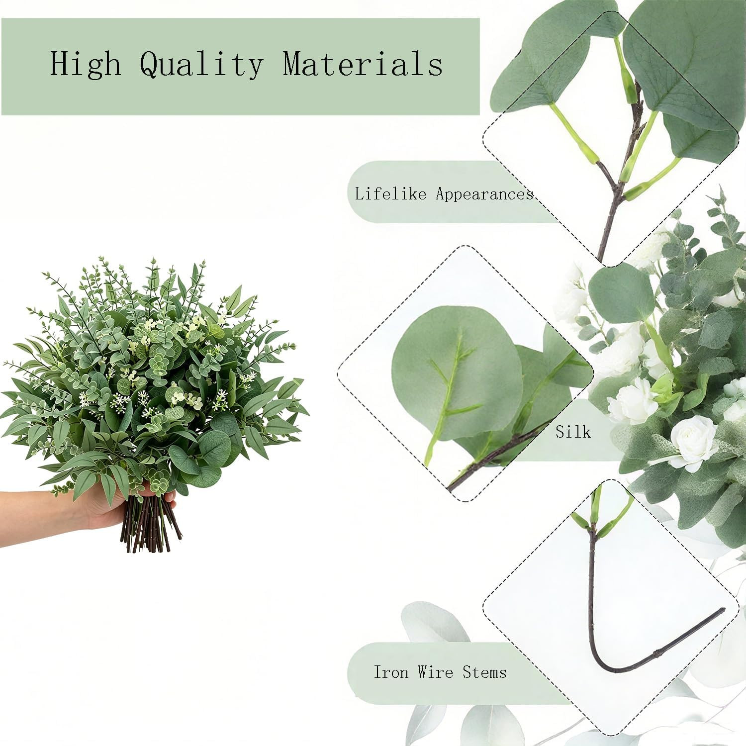 100 Pcs Artificial Mixed Eucalyptus Stems Leaves Bulk, 5 Kinds Fake Greenery Sil