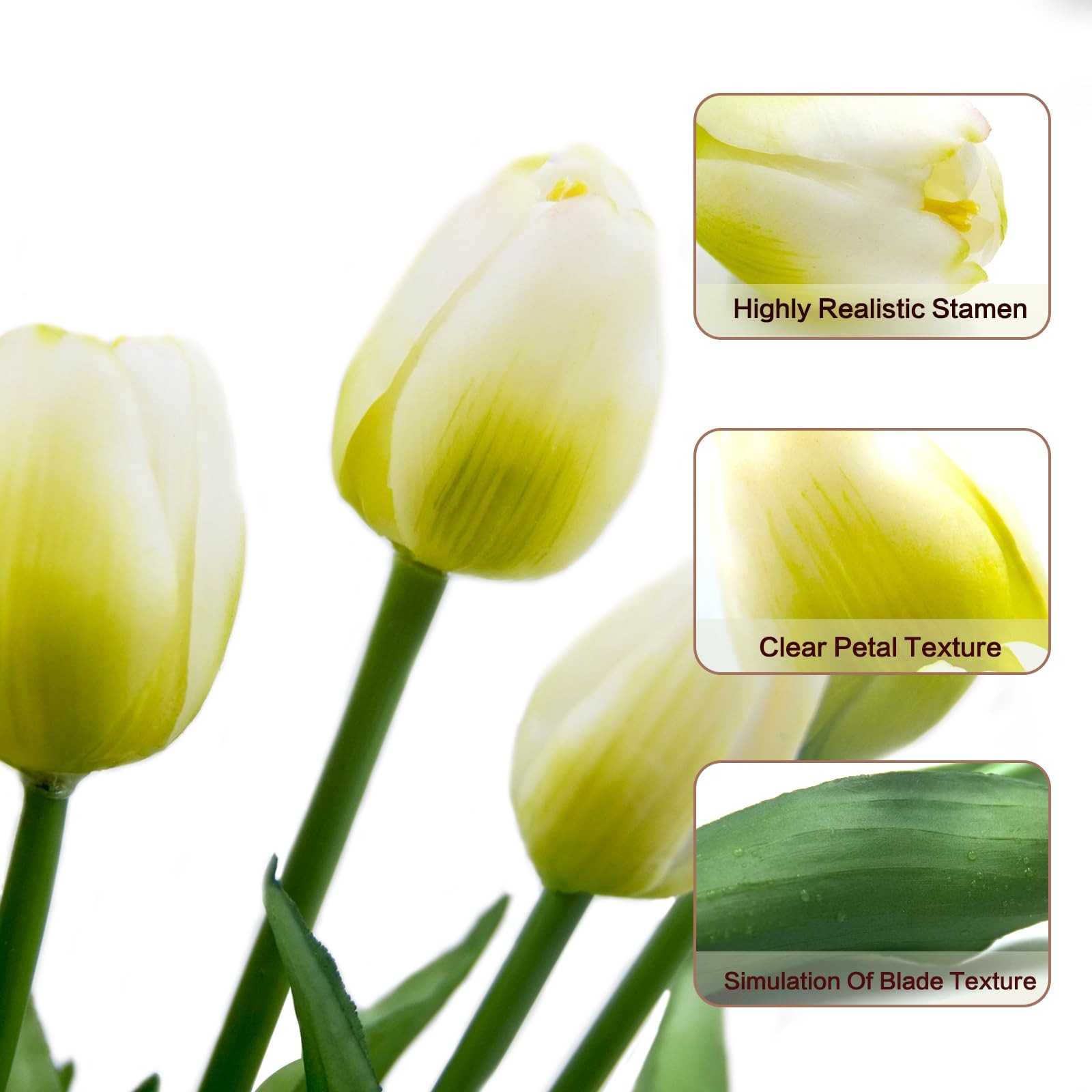 15 PCS Artificial Tulips Flowers Real Touch White Faux Latex Bouquet