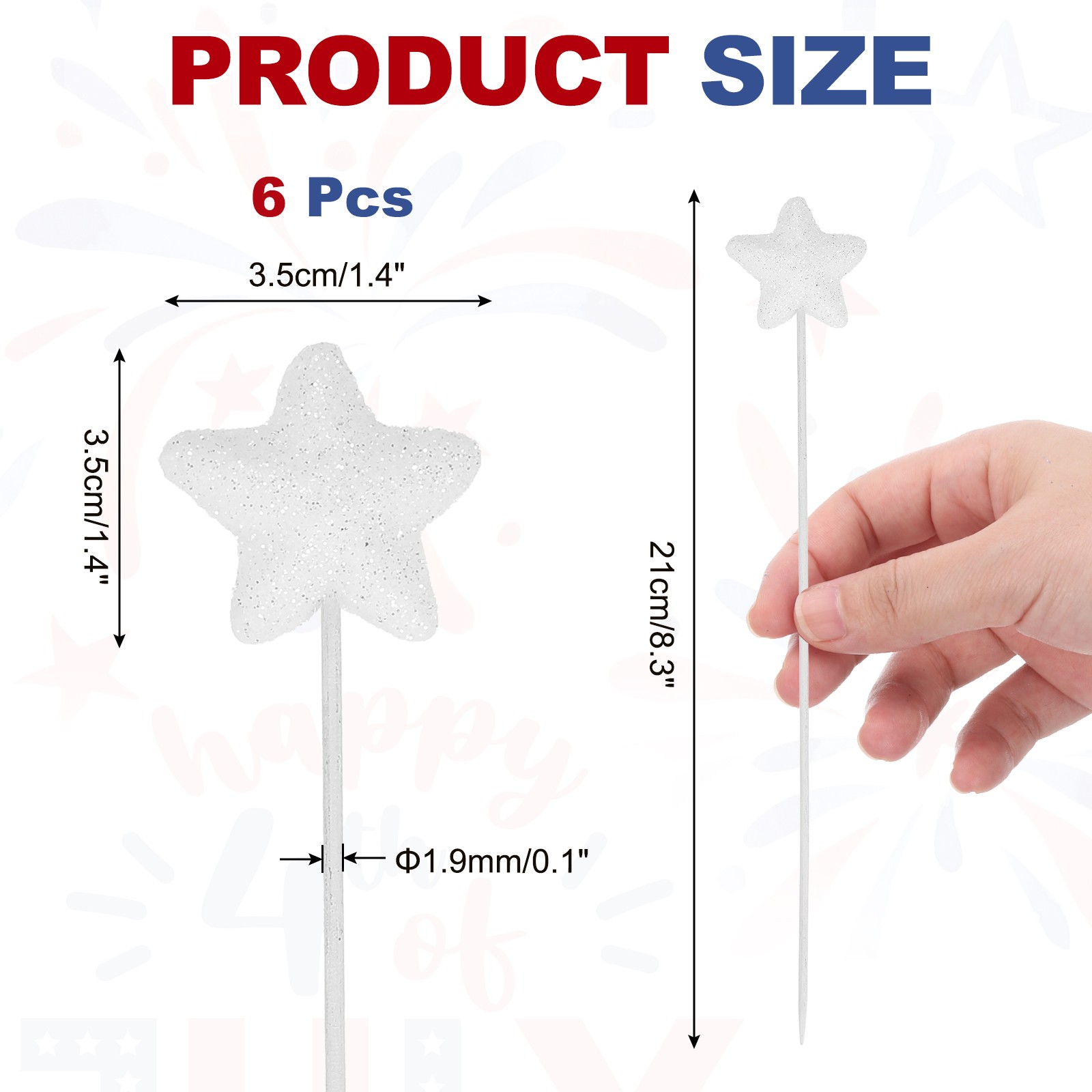 6 Pcs 4th of July Glitter Star Picks 8″ Puffy Sparkly Sticks (White)