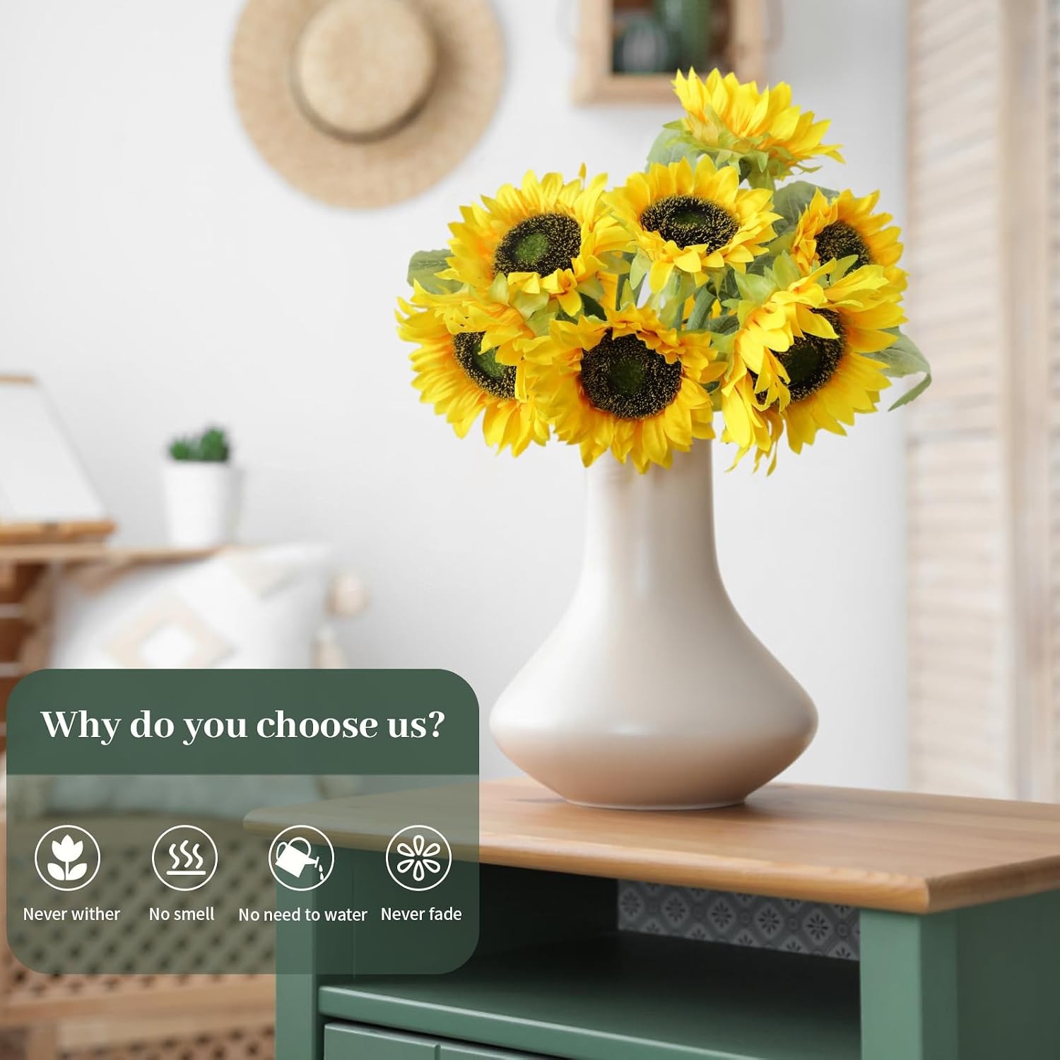 7Pcs Realistic Silk Sunflowers Artificial Flowers,12.6”Fake Sunflowers with