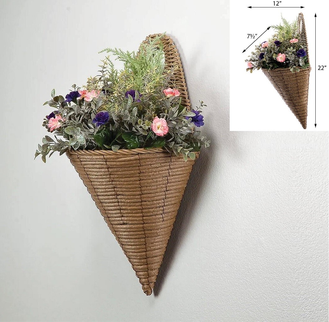 Large Morning Glory Faux Floral Hanging Cone Shaped Wall Basket 22”H FREE SHIP