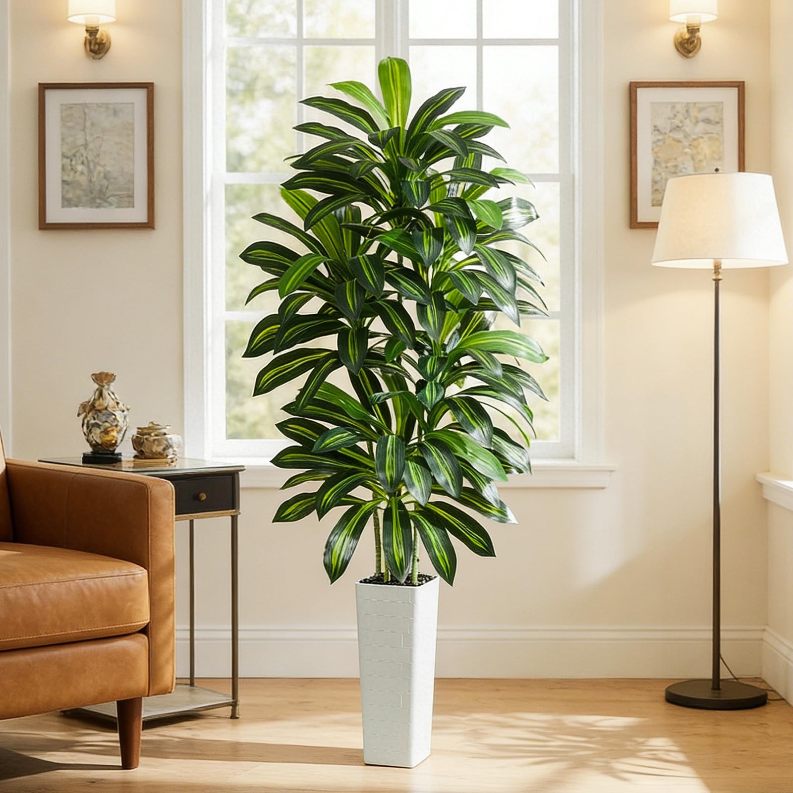 Artificial Dracaena Tree – 7FT Tall Fake Plants with White Tall Planter – Art…