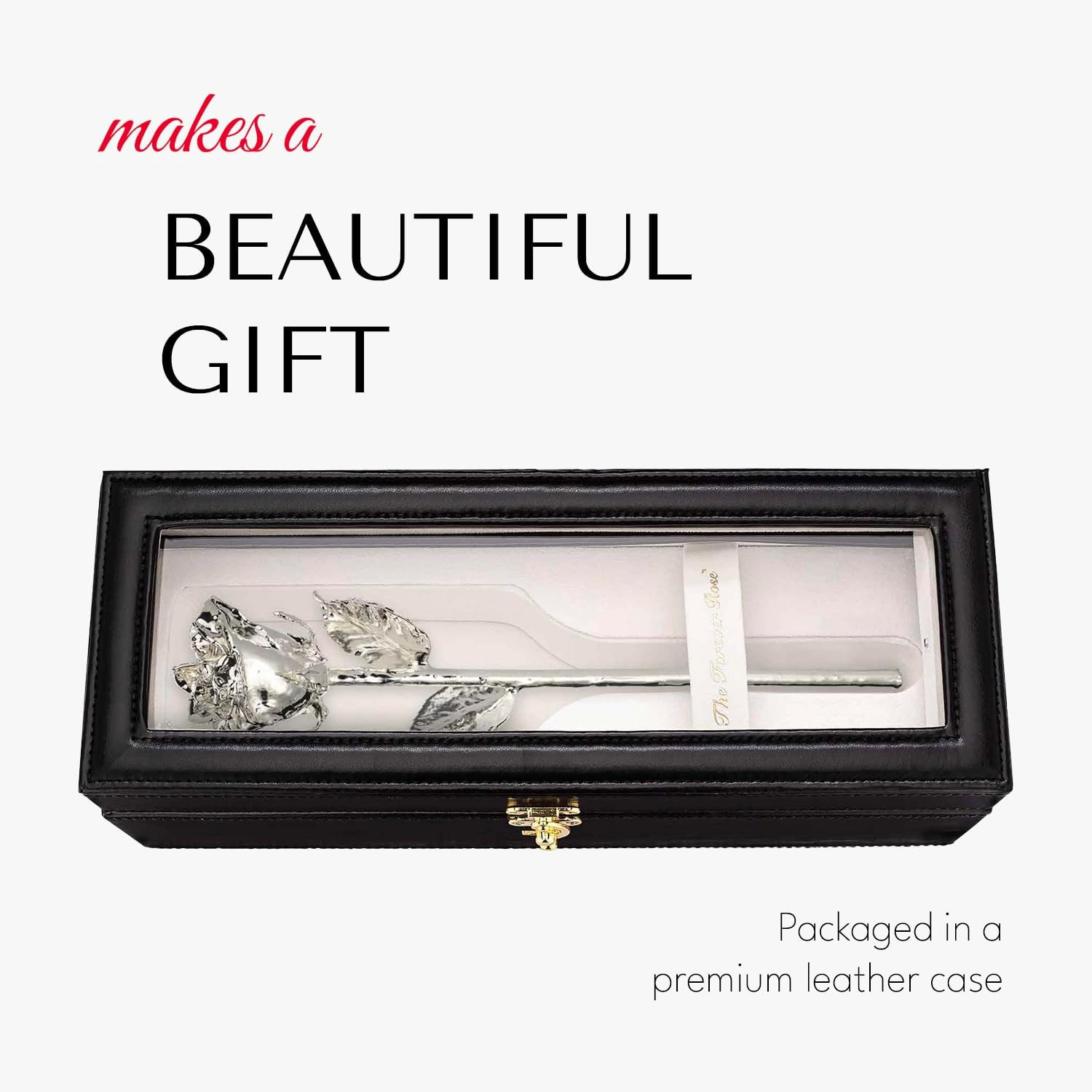 Genuine Hand-Dipped Silver Rose in Luxury Leather Case with LED Lights