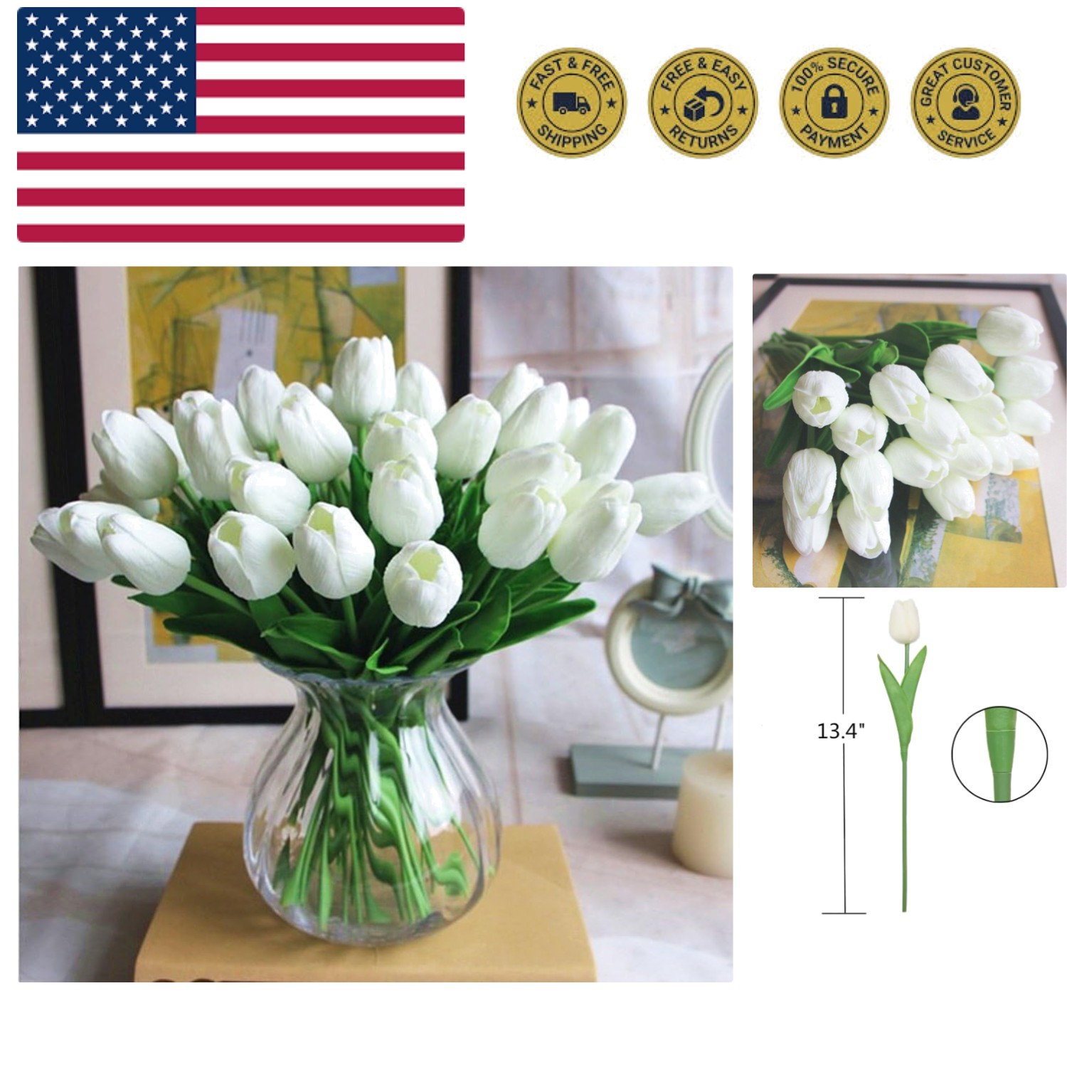 10 Real Touch White Tulips – Luxurious Artificial Flower Arrangement for Home