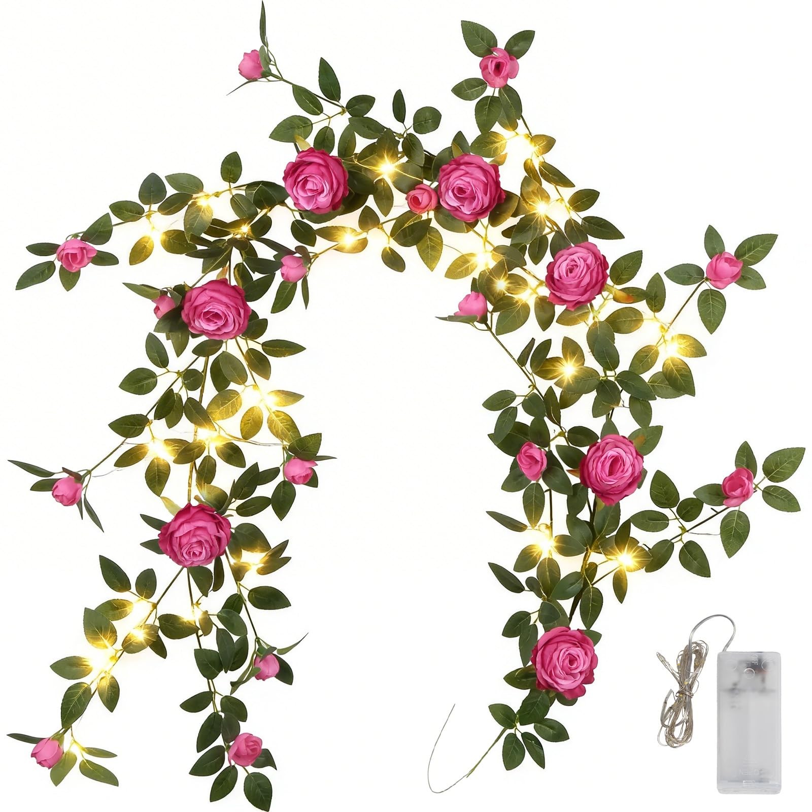 6FT Bendable Flower Garland with String Lights, Artificial Rose Garland Silk …