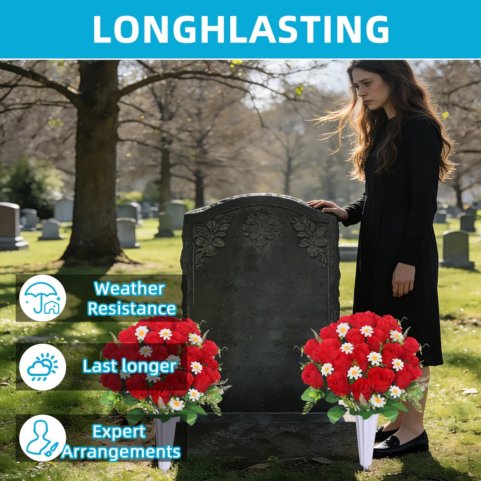 Artificial Cemetery Flowers Red Roses 2 Bouquets 2 Vases Memorial Set