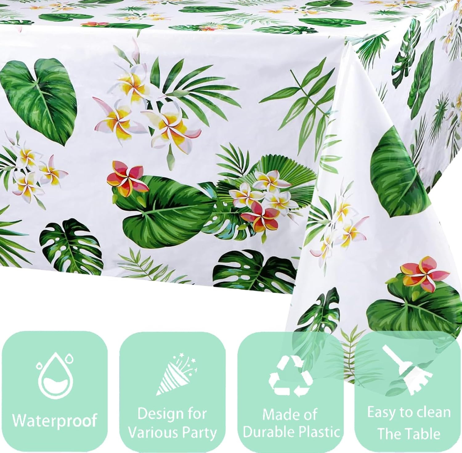 Hawaiian Luau Party Tablecloths(3 Packs), 108X54 Inch Tropical Palm Leaves Table