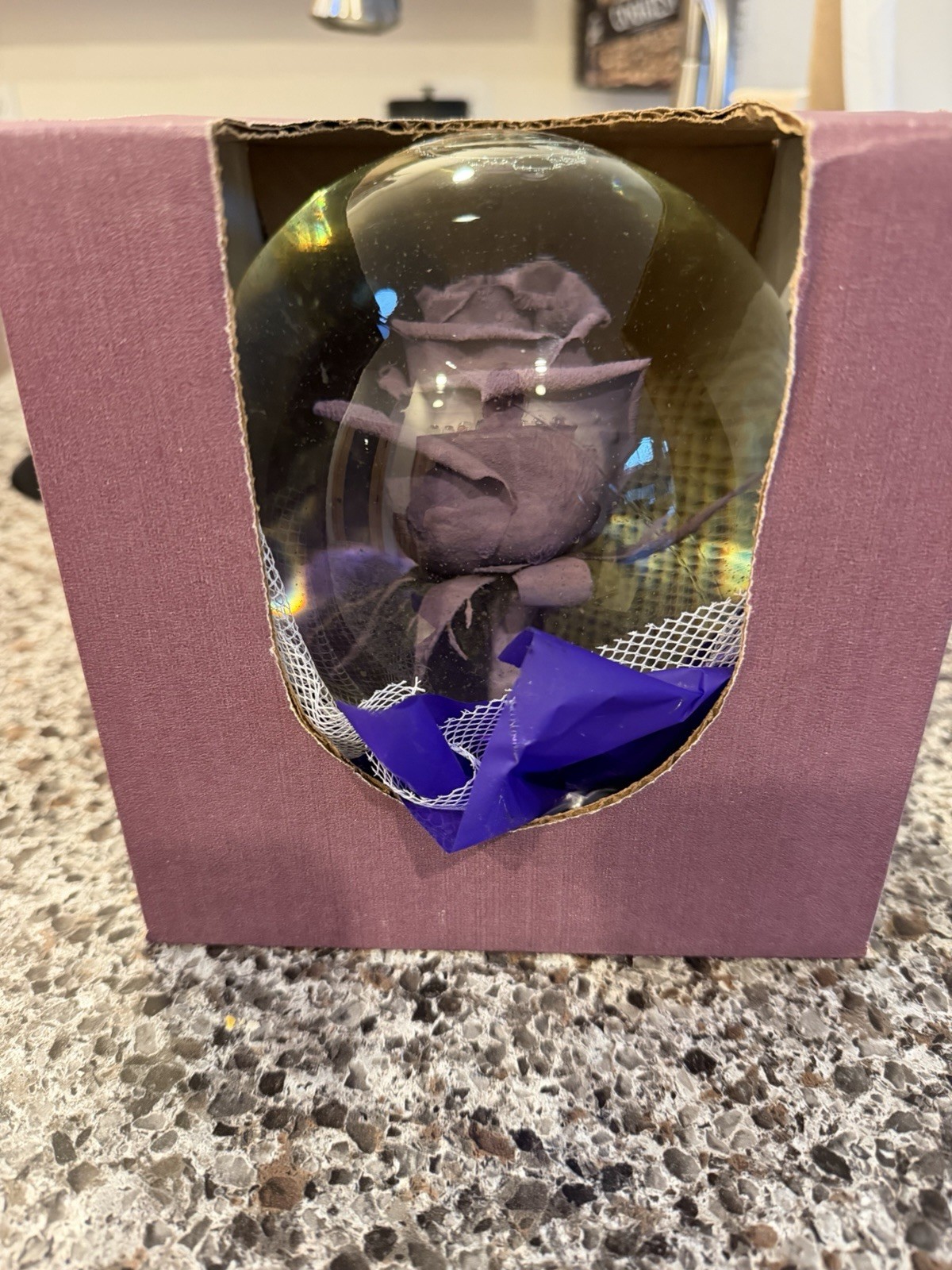 VIntage Preserved Lilac Real Rose in a glass Water Ball Dome Globe- Large 7”