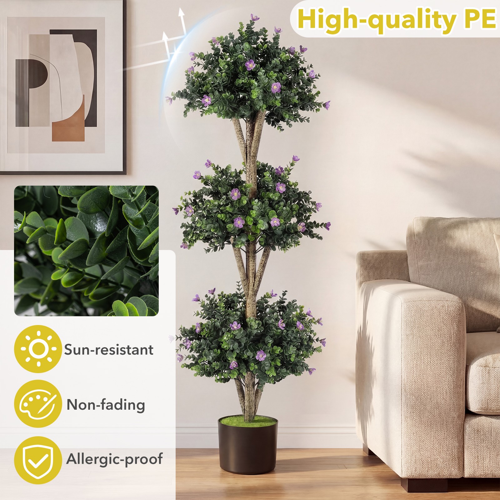 51” Artificial Triple Ball Boxwood Topiary Tree with 59 Blossoms for Porch Home