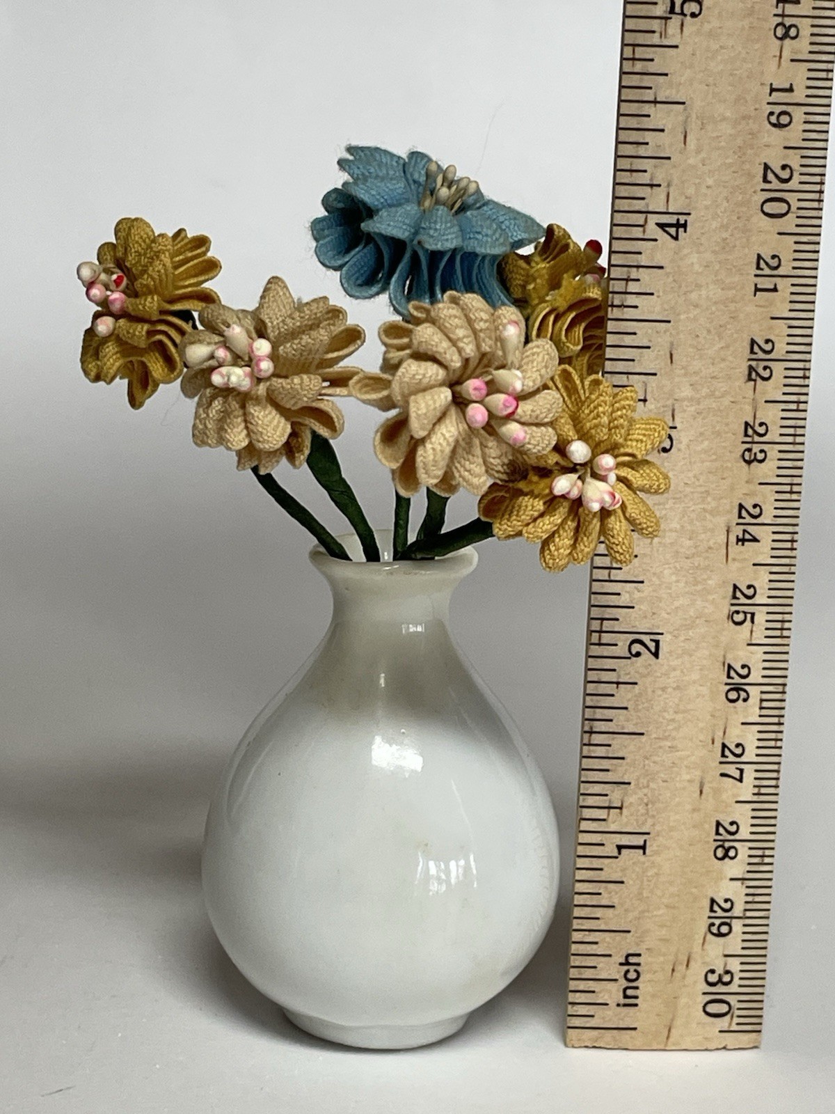 Cloth Flowers and White Ceramic Vase Miniature Decor Made in Japan 4”