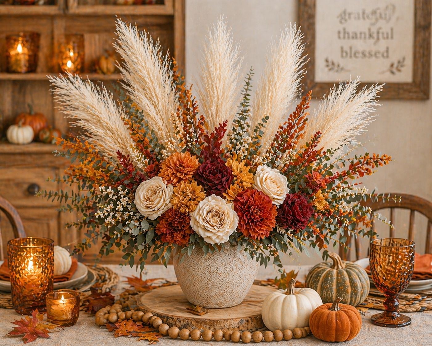 Cream Pampas Grass 3 Stem Faux Pampas Beige Boho Decor Neutral Vase Filler Farmh
