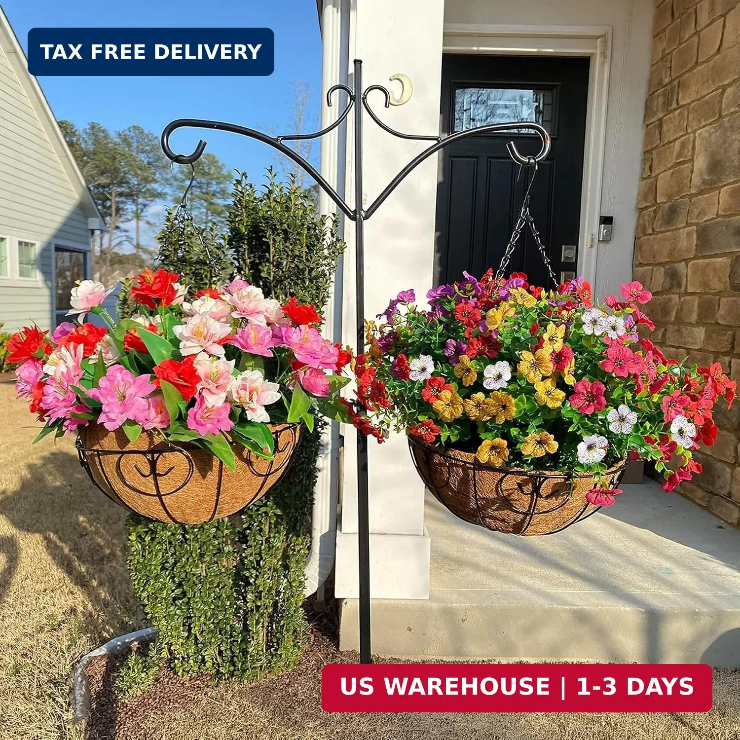 HyeFlora Artificial Faux Hanging Plants Flowers Basket for Summer Outdoor Outsid