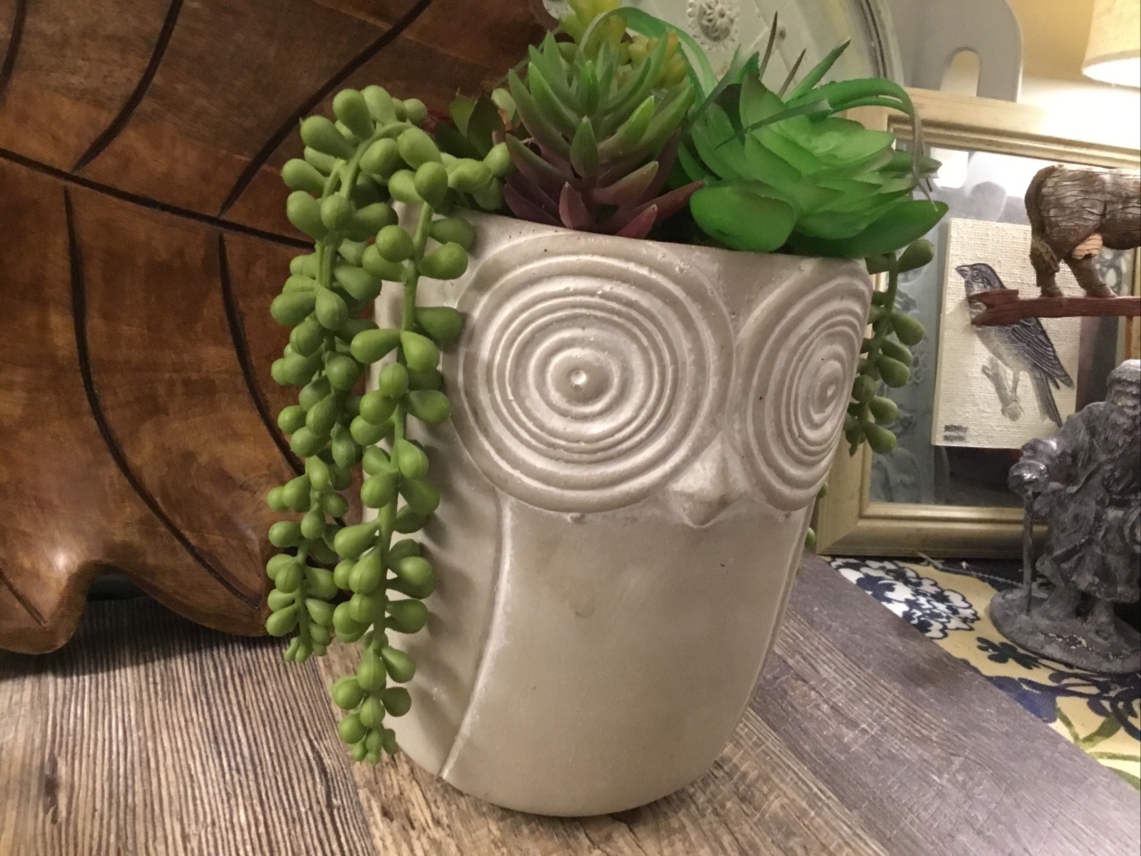 Owl large pot with faux succulents 6 1/2” High Bohemian Mod Owl Lovers Gift