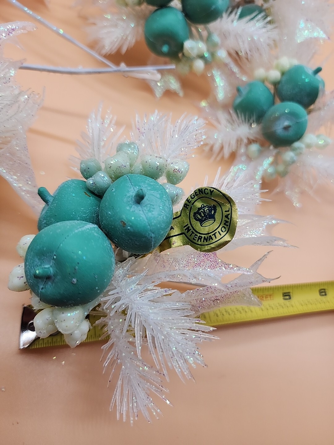 Lot of 11 Regency International Glittery 7″ Teal Apple Christmas Spray Stems NOS