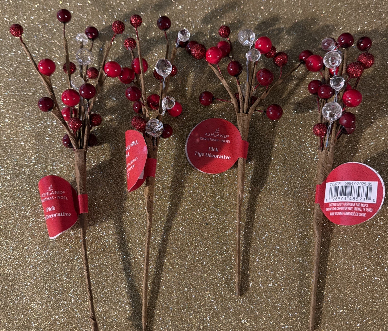 Christmas Ashland Red berry with crystal snow Bead 4 picks 7.5” Glitter Beads