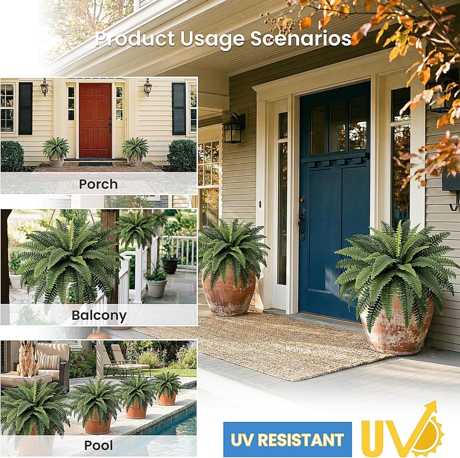 Set of 2 Large Artificial Boston Ferns – 35” Perfect for Indoor/Outdoor Decor