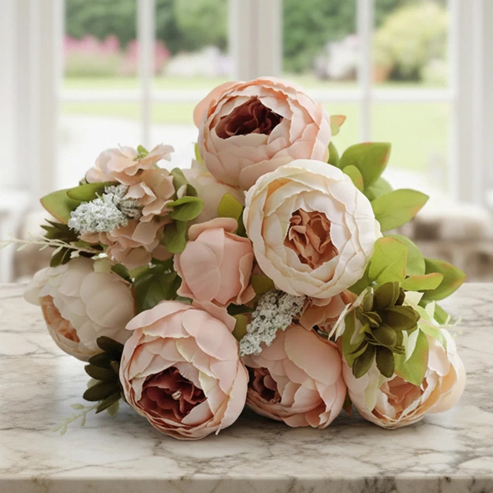 A bouquet of European-style faux peony silk flowers for home deco