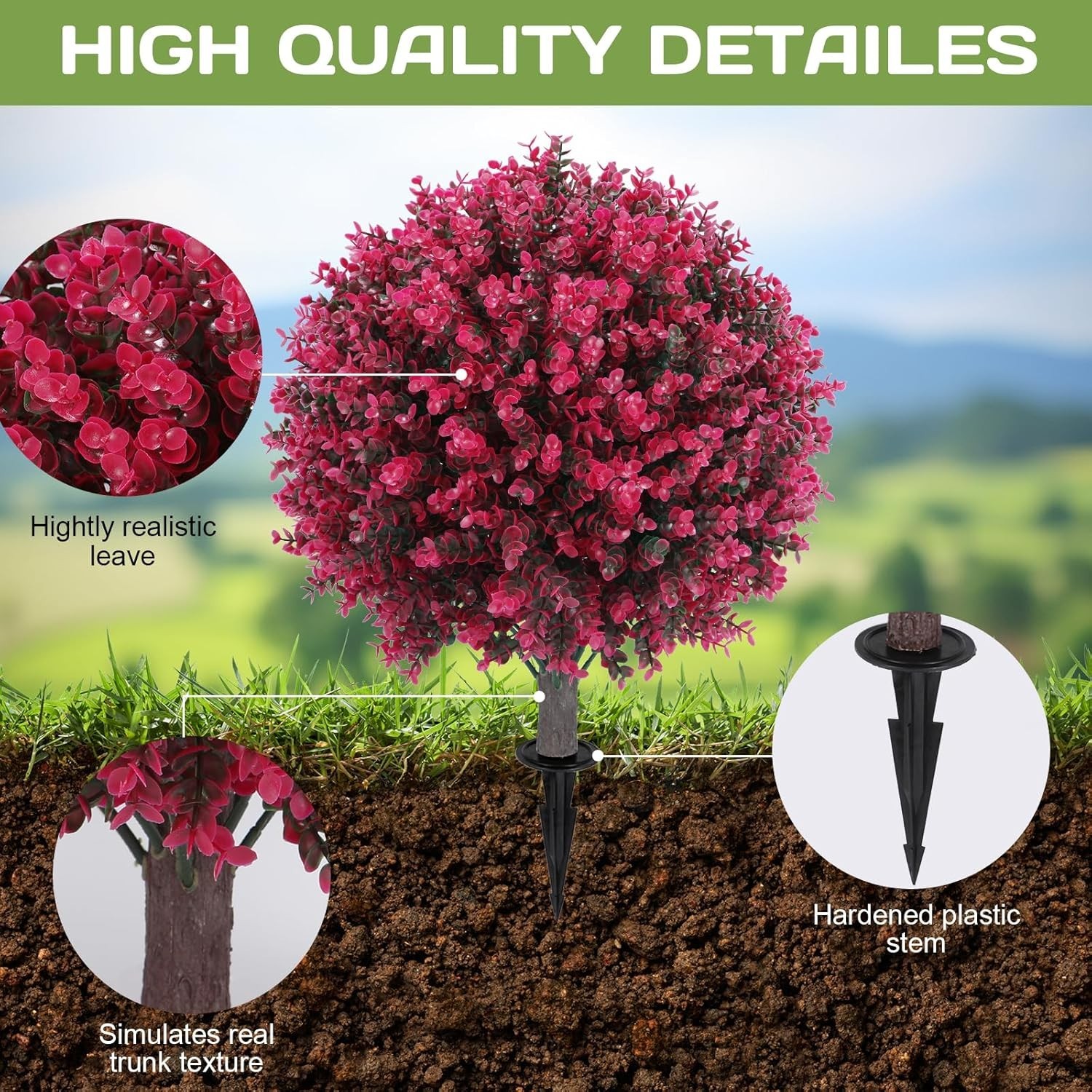 Artificial Red Eucalyptus Topiary Ball Tree 24″ with Ground Spike, Set of 2 A…