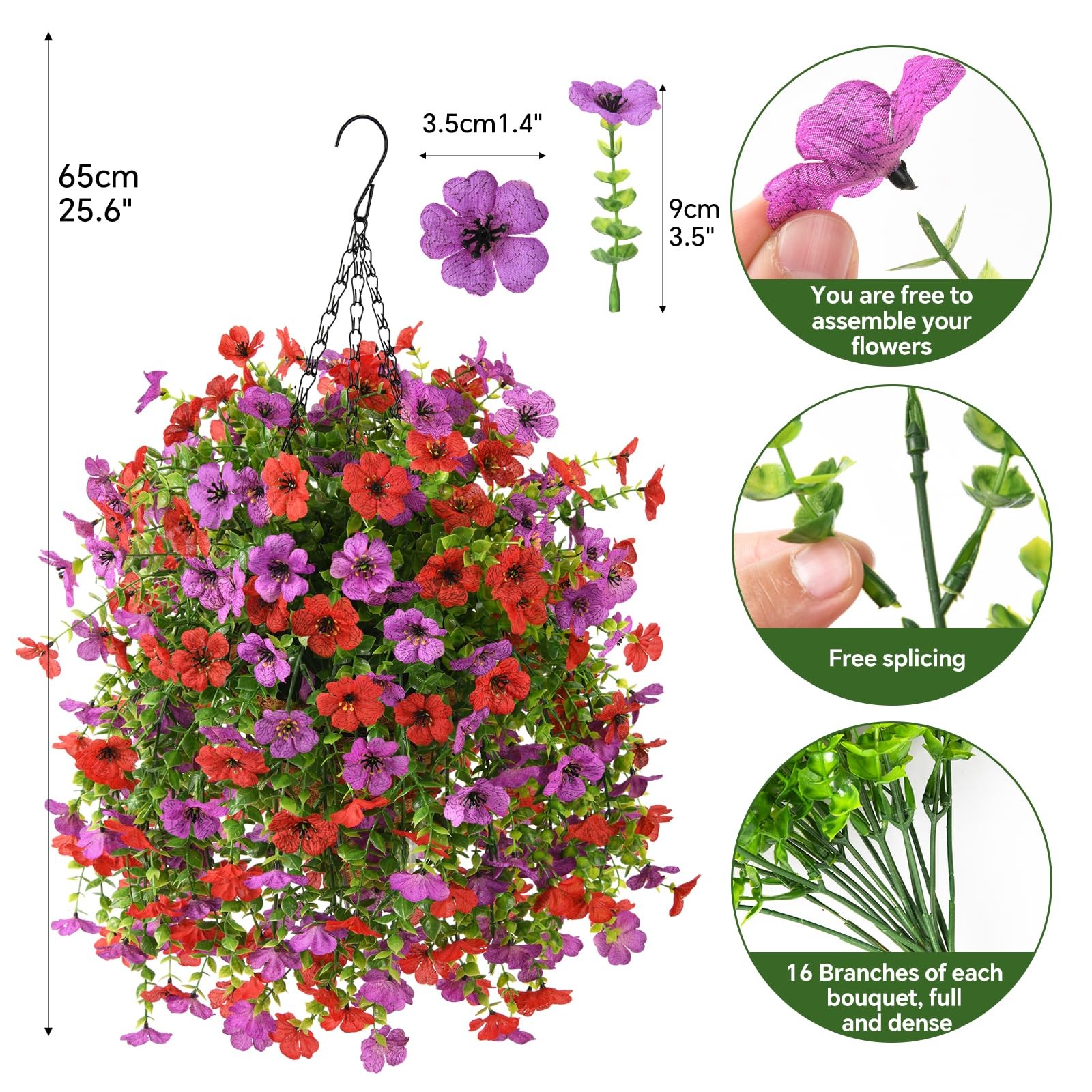 Artificial Hanging Flowers with Basket for Spring Outdoor Decoration 3 Bunche…