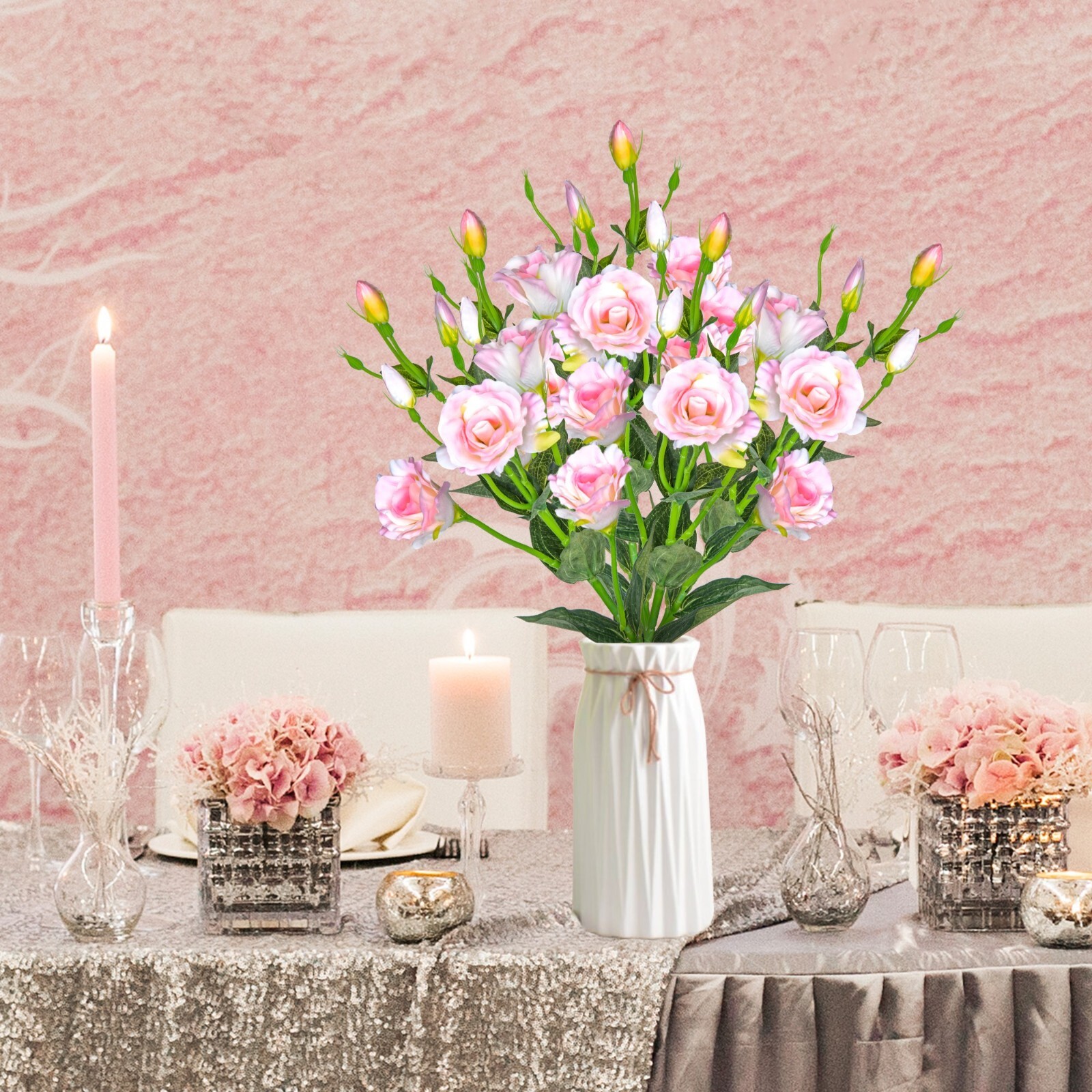 Eustoma Pink Roses Artificial Flowers Silk Bouquet 30” Stems, Bulk 4pcs