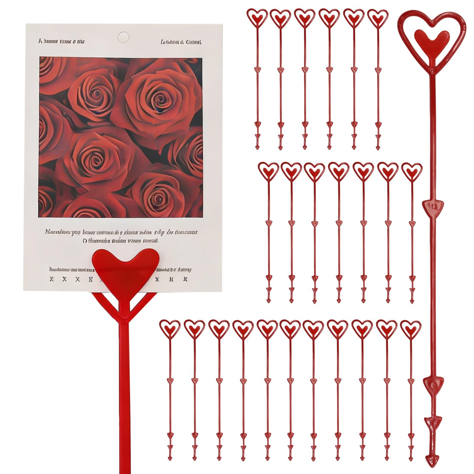 Floral Pick Card Holder, 100 Pack 9.05 Inch Red Heart Shape Plastic Flower Pi…