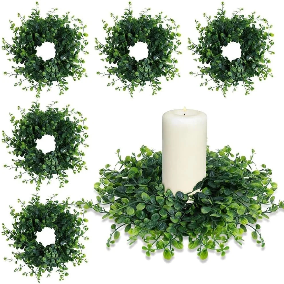 Mini Green Boxwood Candle Rings for Wedding and Home Decor (Set of 6)