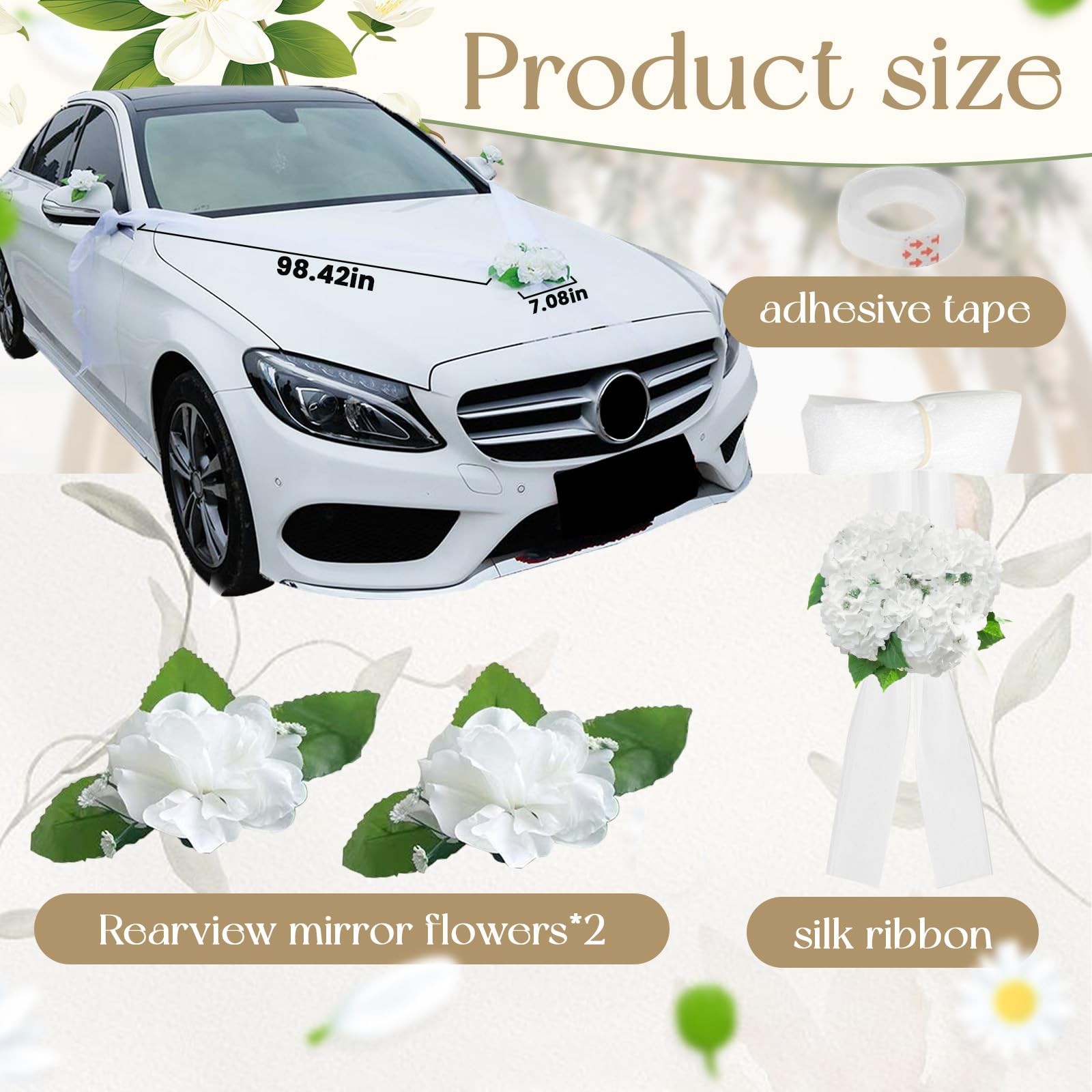 White Satin Ribbon Artificial Flower Wedding Car Bridal Decoration Ornament
