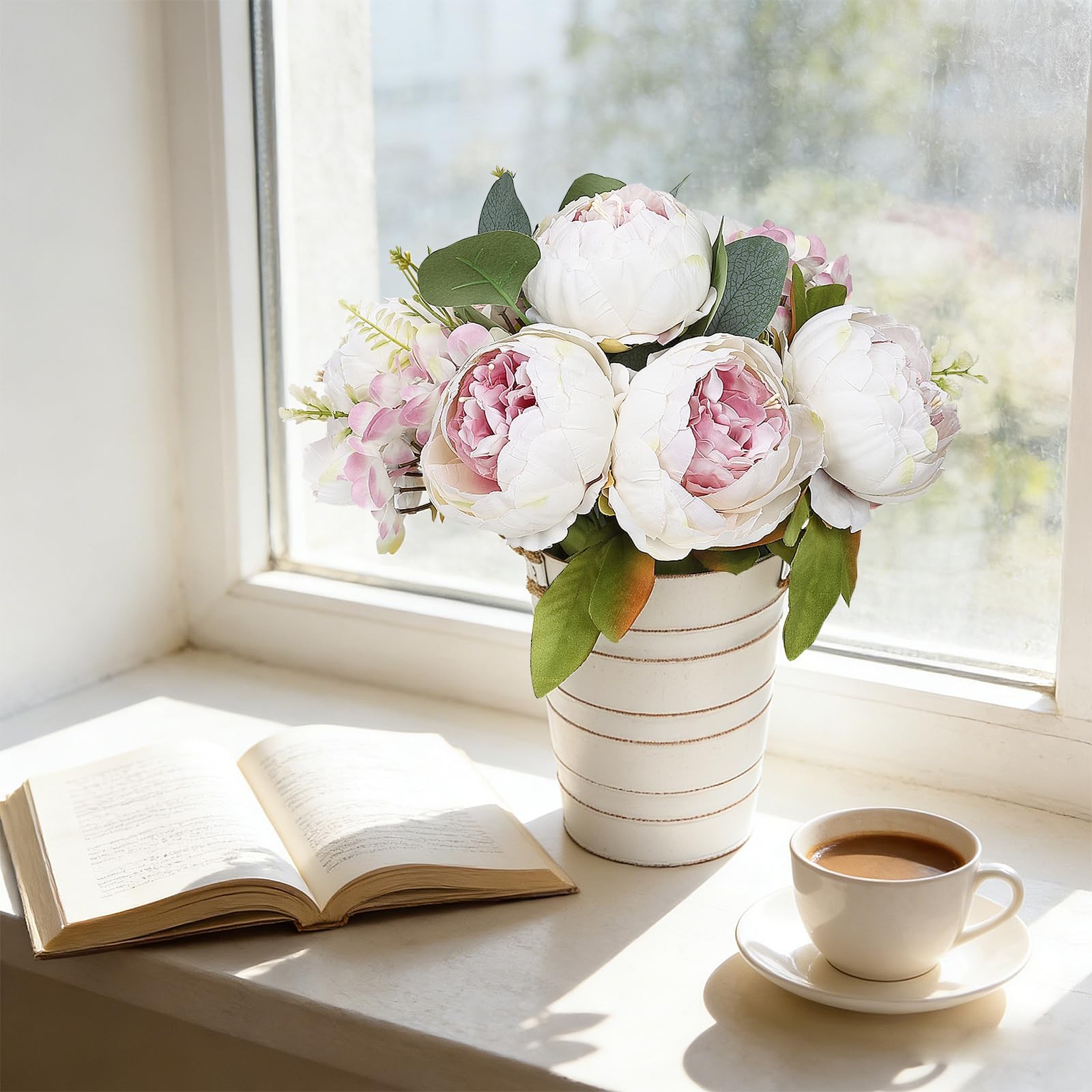 Peonies Artificial Flower Table Centerpieces – 10 Inches Tall Faux Silk Flora…