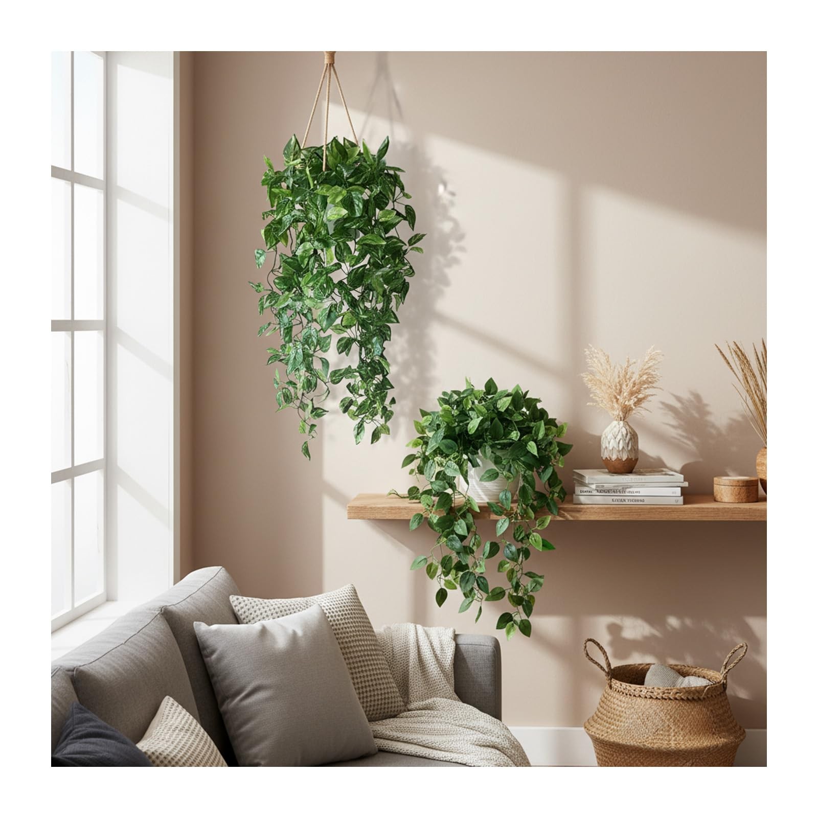 35.5″ Artificial Pothos Ivy Plants Set of 2 with Pots, Fake Hanging Greenery …
