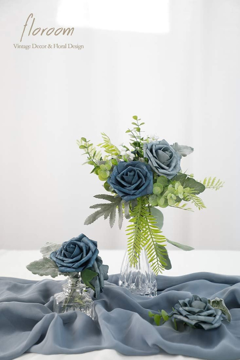 Artificial Flowers 50Pcs Real Looking Dusty Blue Foam Fake Roses with Stems for