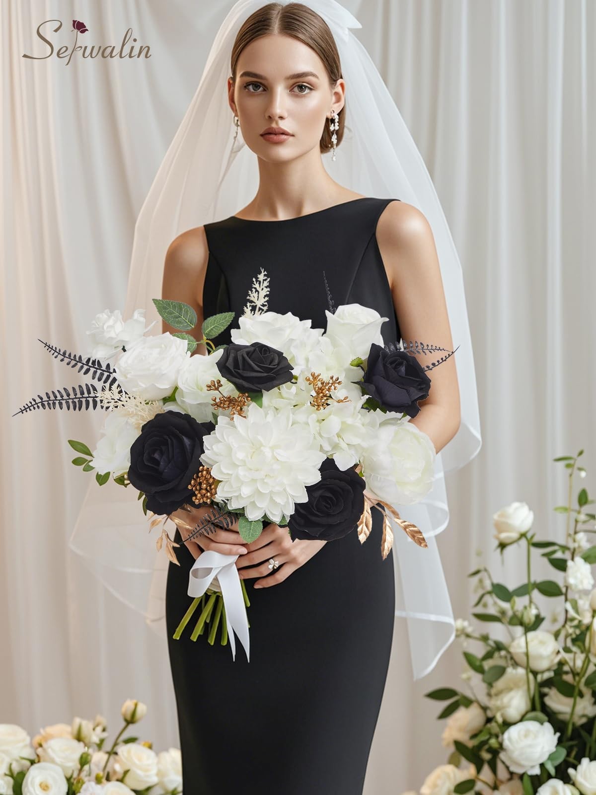 Black Artificial Flowers, White Roses Silk Fake Flowers for DIY Wedding Brida…