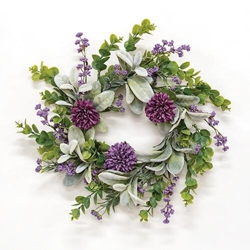 NEW FARMHOUSE Violet Chrysanthemum Lambs Ear Candle Ring 6.5″open x 12-14″ Wide