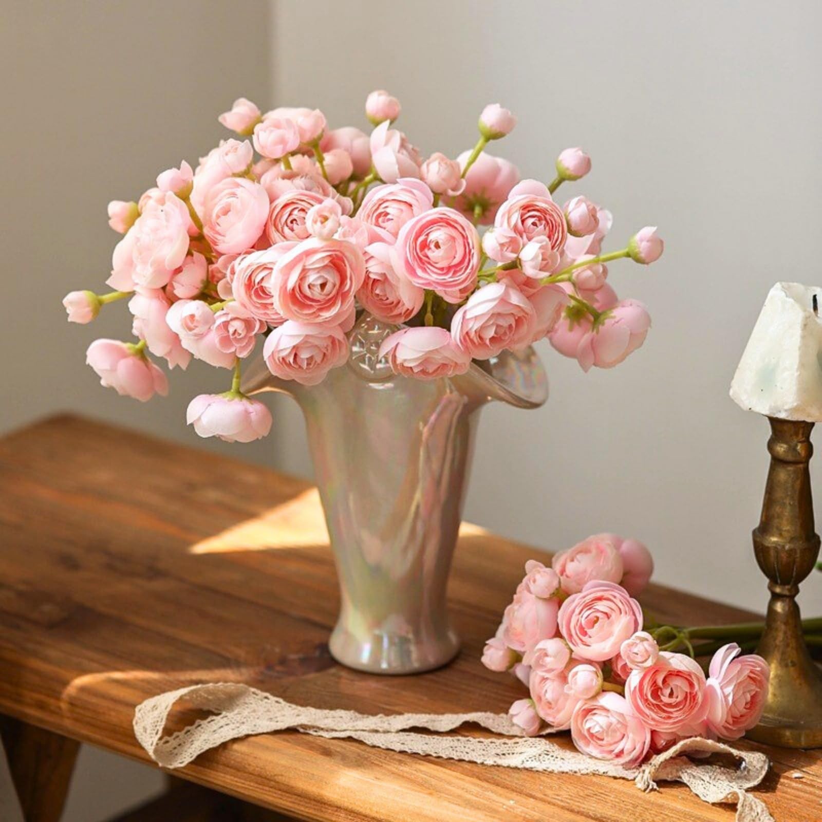 Pink Ranunculus Artificial Flowers Blush Faux Silk Mini Wedding Filler 18 PCS