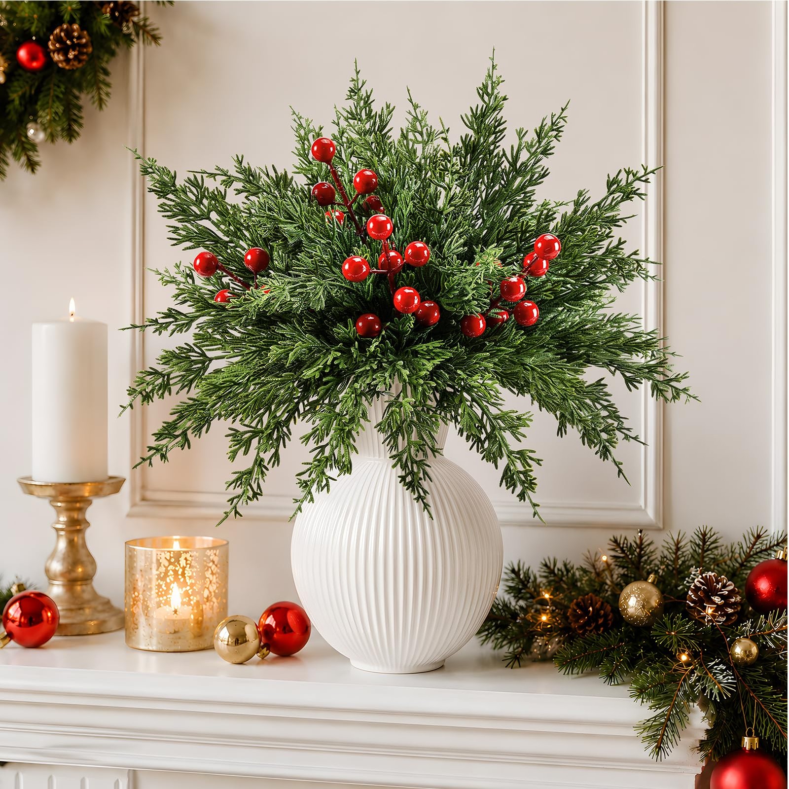 45PCS Artificial Christmas Pine Branches with Red Berry Stems
