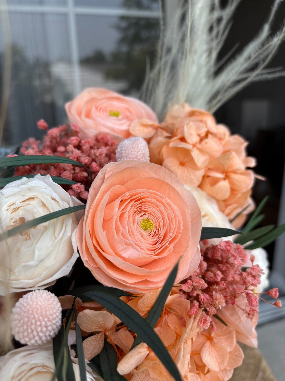 Preserved Flower Arrangement, Peach Blue Boho Centerpiece, Long Lasting Bouquet