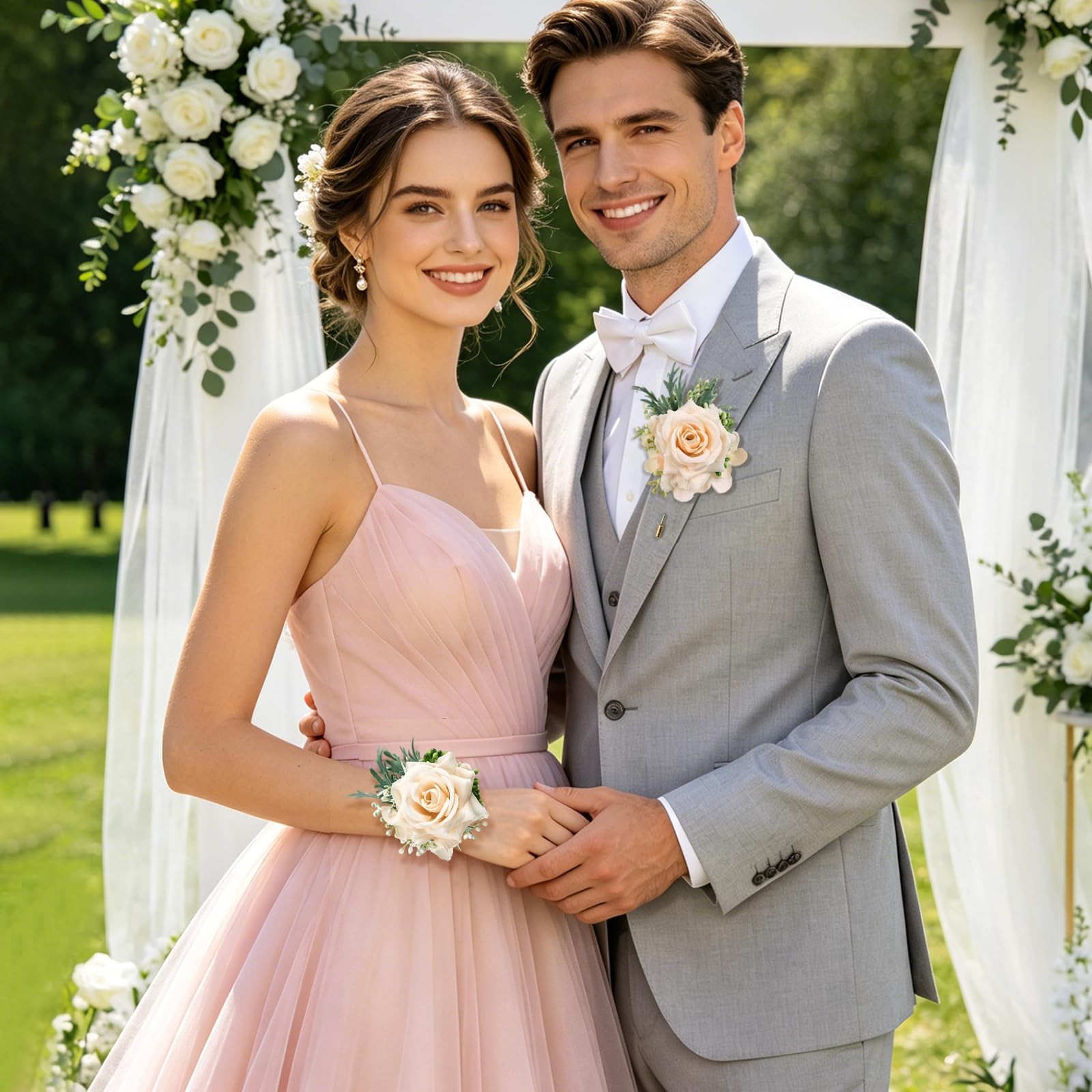 Champagne Prom Corsage and Boutonniere Set Artificial Silk Rose