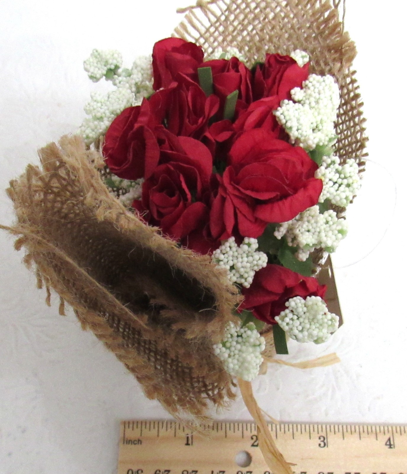 Rustic Faux Red Rose Floral Arrangement in Burlap Wrap – Small Decorative Accent