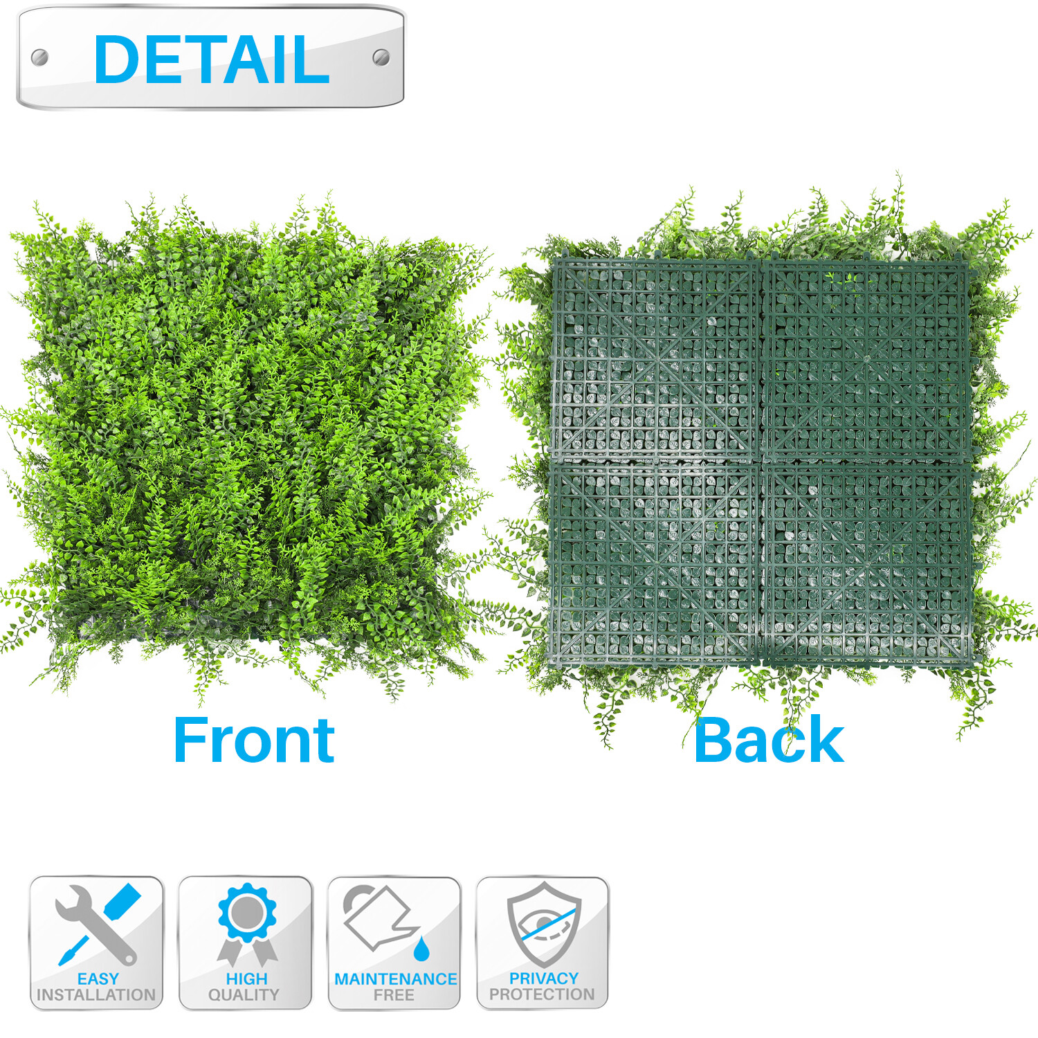20″x20″ Artificial Grass Wall Decor Privacy Fence Panel, Fern with Backing