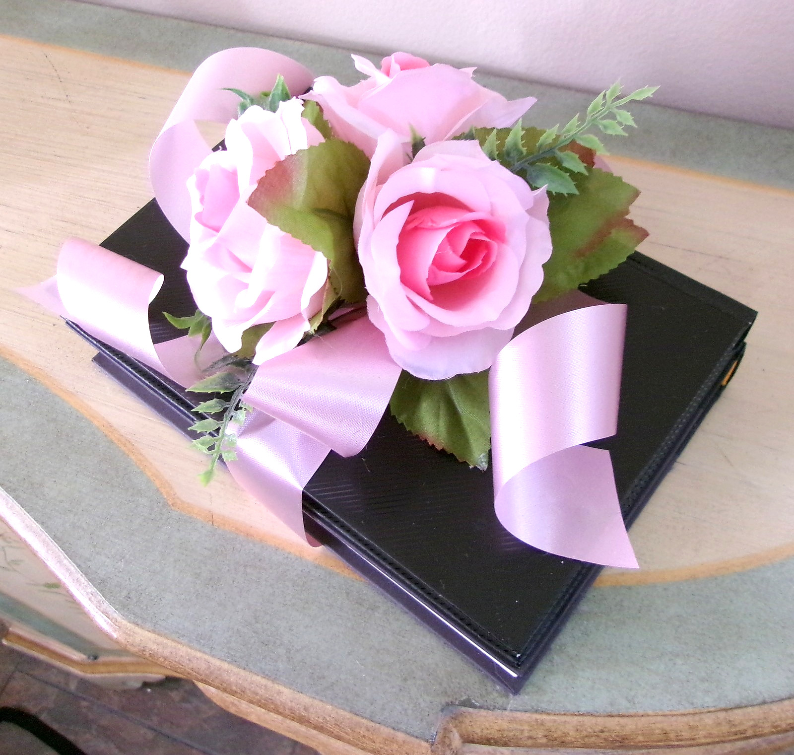 Decorative Book with Silk Pink Roses Accent Arrangement New